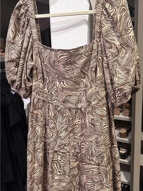 NWOT House of Harlow 1960 Puff Sleeve Linen Mini Dress Size L/XL - Brown/Cream